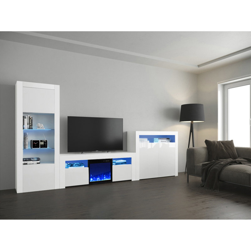 Meuble audio-vidéo Earle Modern pour téléviseur de 65 po ou moins avec foyer électrique inclus, Blanc