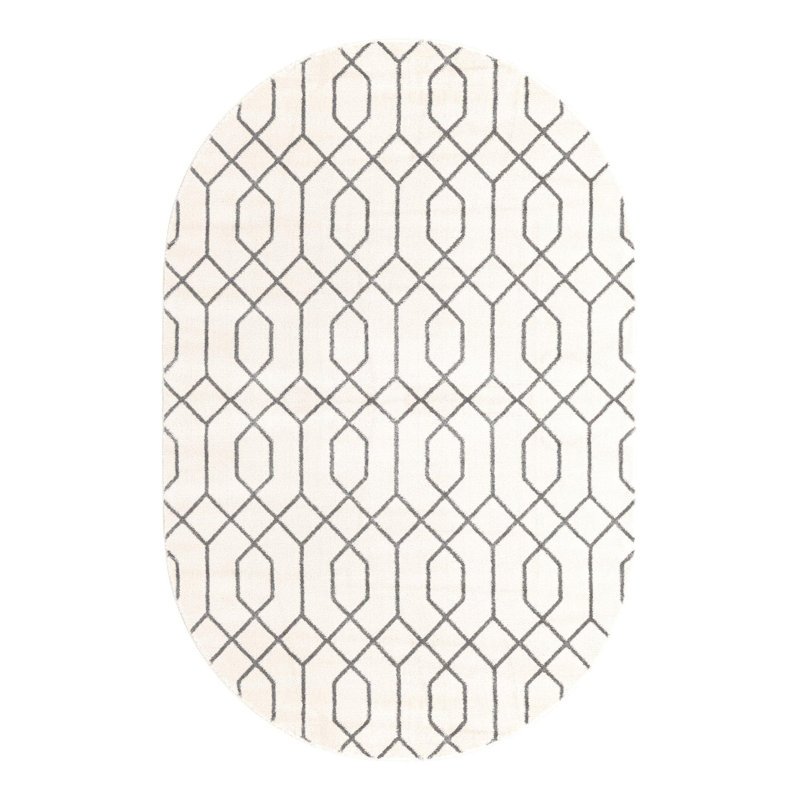 Glam Geometric White Silver Area Rug, Oval 5'3" x 8'