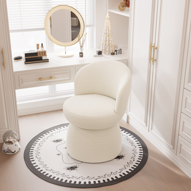 Allis Upholstered Accent Chair, Swivel Vanity Stool With Wingback, Boucle Fabric Make-up Chair, White Boucle