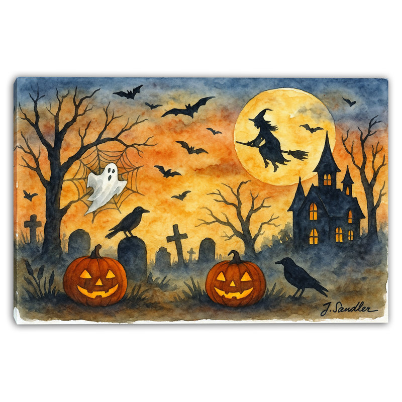 Art mural sur toile Haunted Graveyard with Witch and Pumpkins