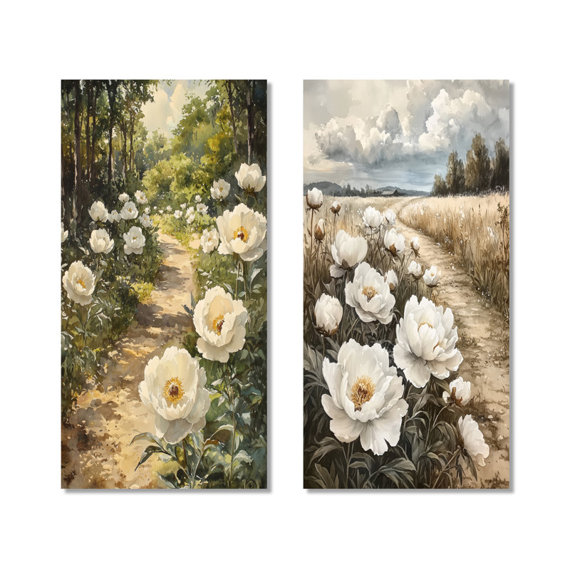 Pivoines sur le chemin de la ferme I - Floral, impression murale 2 pièces, 32" H x 32" W