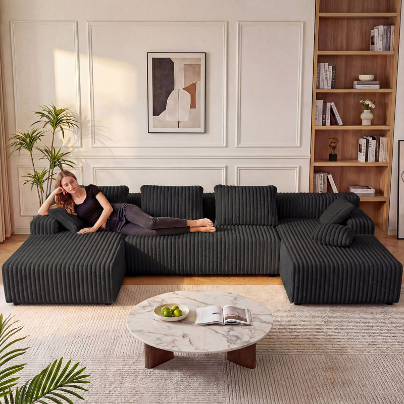 Canapé modulaire en forme de L de Boneless, Velours côtelé noir