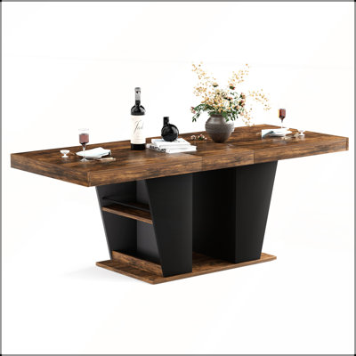 Rustic Extendable Dining Table with Storage, Seats 8-10, Mid-Century Modern Style, Rustic Brown and Black