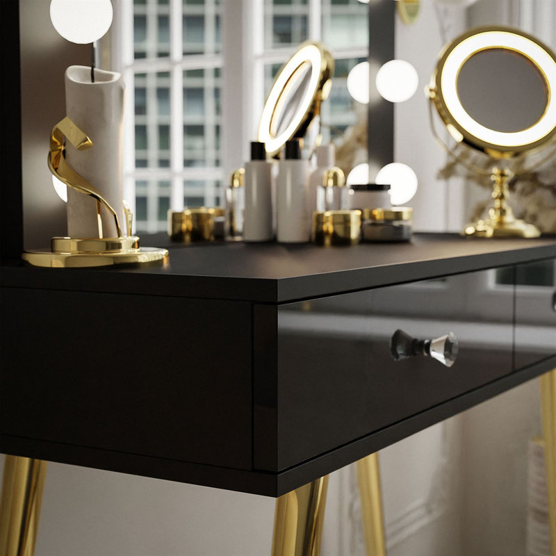 Antonius Dressing Table with Mirror, Gold Chrome/Black