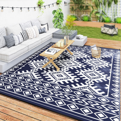 Camping Reversible Rhombus Patchwork', Plastic, 1 Piece, Outdoor Rug, Blue, Waterproof & UV & Fade Resistant