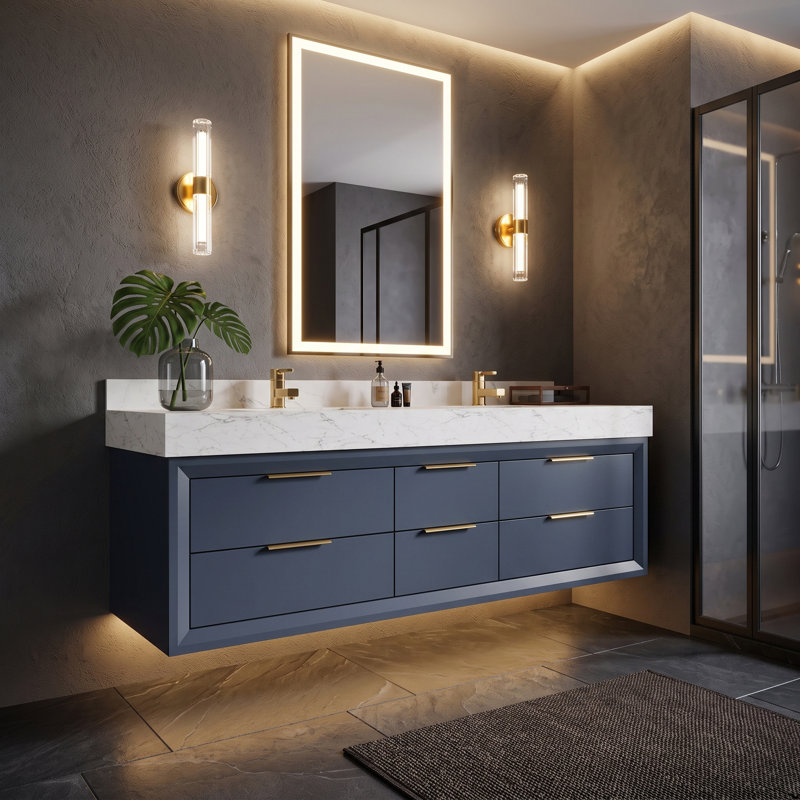 Meuble-lavabo suspendu de 152,4 cm (L) x 52,6 cm (P) avec comptoir imitation marbre, éclairage DEL intégré, 6 tiroirs à fermeture amortie, bleu