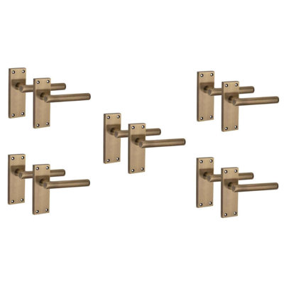 Golden Grace 5 Pairs Victorian Straight T-Bar Scroll Interior Door Handle on Backplate Antique Brass - 120mm x 40mm