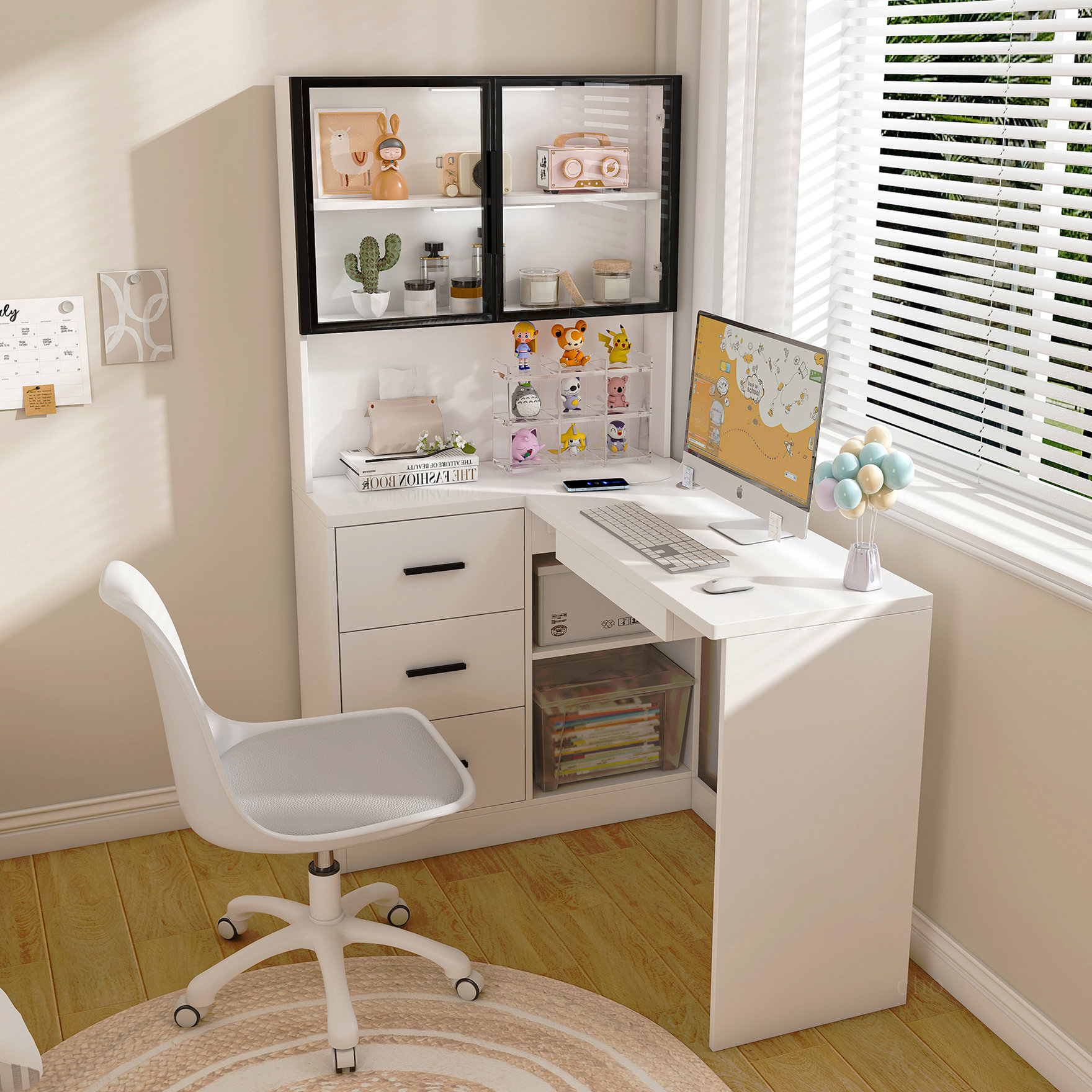 Ivy Bronx Computer Desk With Glass Cabinets & Built-In LED Lights ...