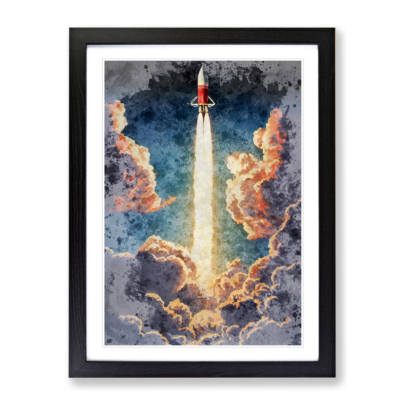 Spaceship Rocket No.3 - Single Picture Frame Painting, 34cm H x 25cm W x 2cm D, Black
