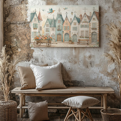 «Whimsical Village Pastel Homes Flowers and Birds», reproduction d'art sur toile pour le salon, la chambre à coucher, le bureau, le couloir, le vestibule, le mur de la galerie et la décoration intérieure moderne