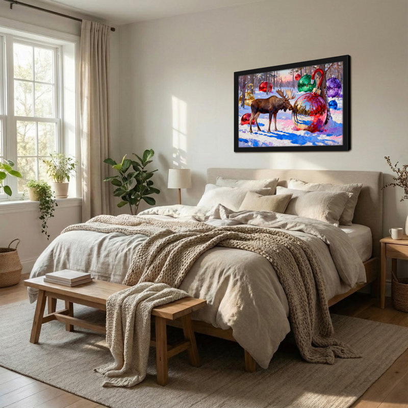 Orignal de Noël dans la neige avec des décorations de Noël, H 12 po x l 18 po
