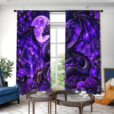 2PCS Mystical Dragon Moon Waterfall Rose Pattern Thin Light Filtering Curtains, Gothic Fantasy Art Decor, Easy Hang Rod Pocket Design, All-Season Curtains for Home Living Room Bedroom Study Decoration
