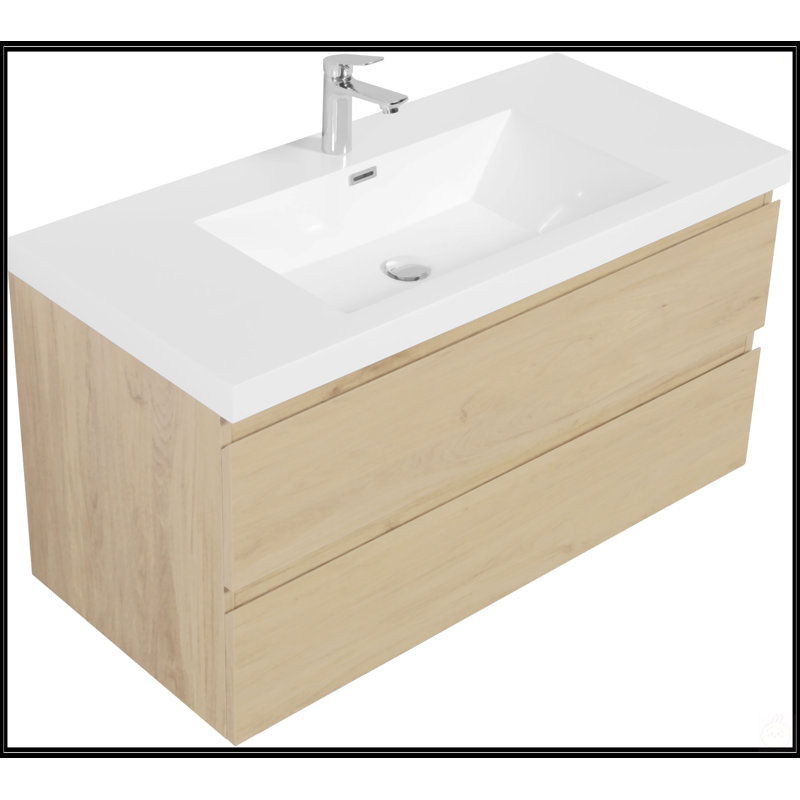 Meuble-lavabo flottant 42 po avec lavabo, armoire de rangement murale moderne, tiroirs à fermeture en douceur, finition chêne naturel