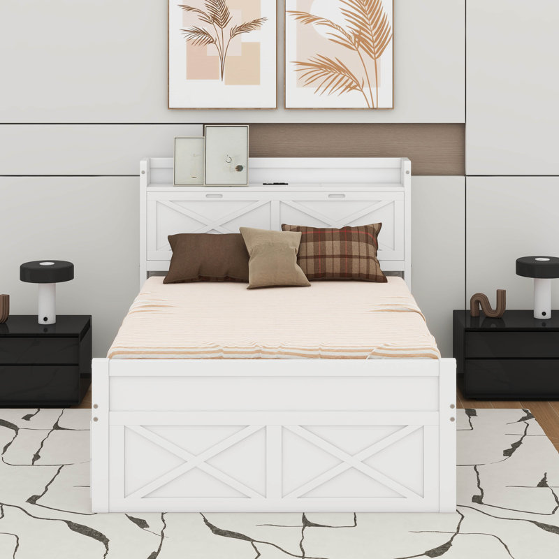 Lit double en bois avec lit gigogne simple et trois tiroirs de rangement, Blanc