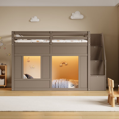 Lit superposé en bois avec lumières DEL, escaliers de rangement, garde-corps et lattes