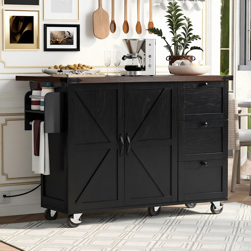  Îlot de cuisine de 54,5 po avec prise de courant, îlot de rangement avec support de rangement interne, abattant, support à épices, chariot de cuisine sur roulettes, pour la maison, la cuisine et la salle à manger, noir