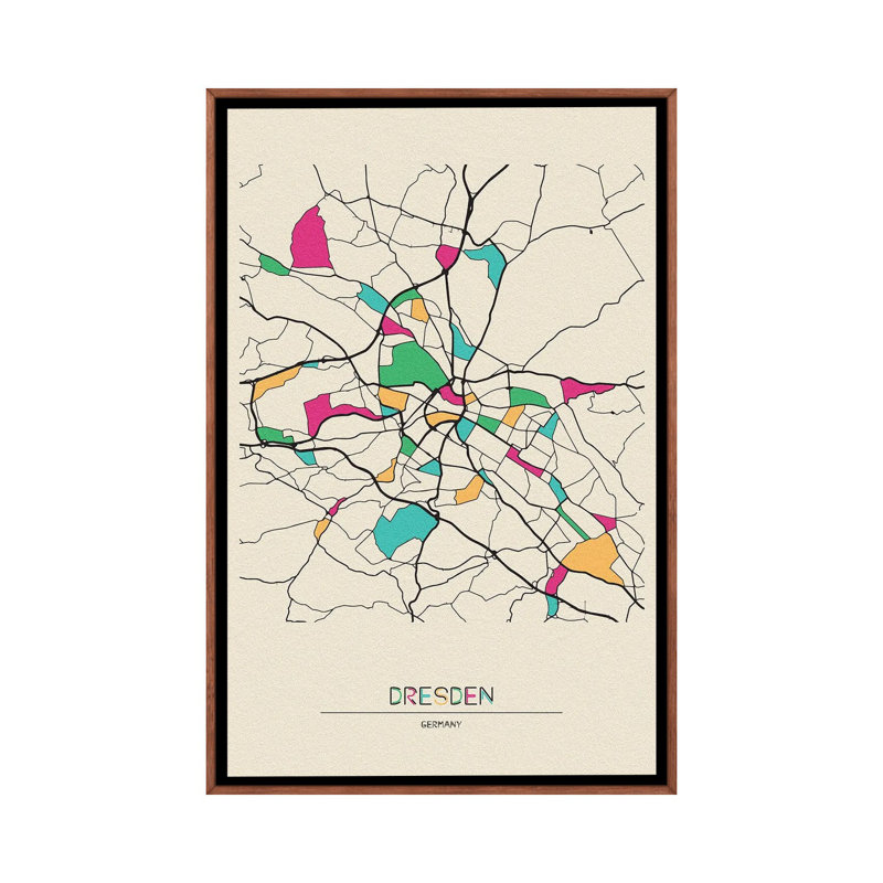 Dresden, Germany Map by Ayse Deniz Akerman - Floater Frame Print on Canvas, Brown Floater Frame, 66.04 cm H x 45.72 cm W