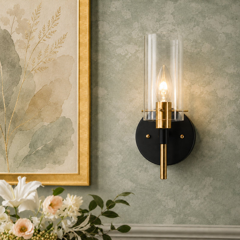  1 - Light Dimmable Black/Brass Armed Sconce, Cylinder