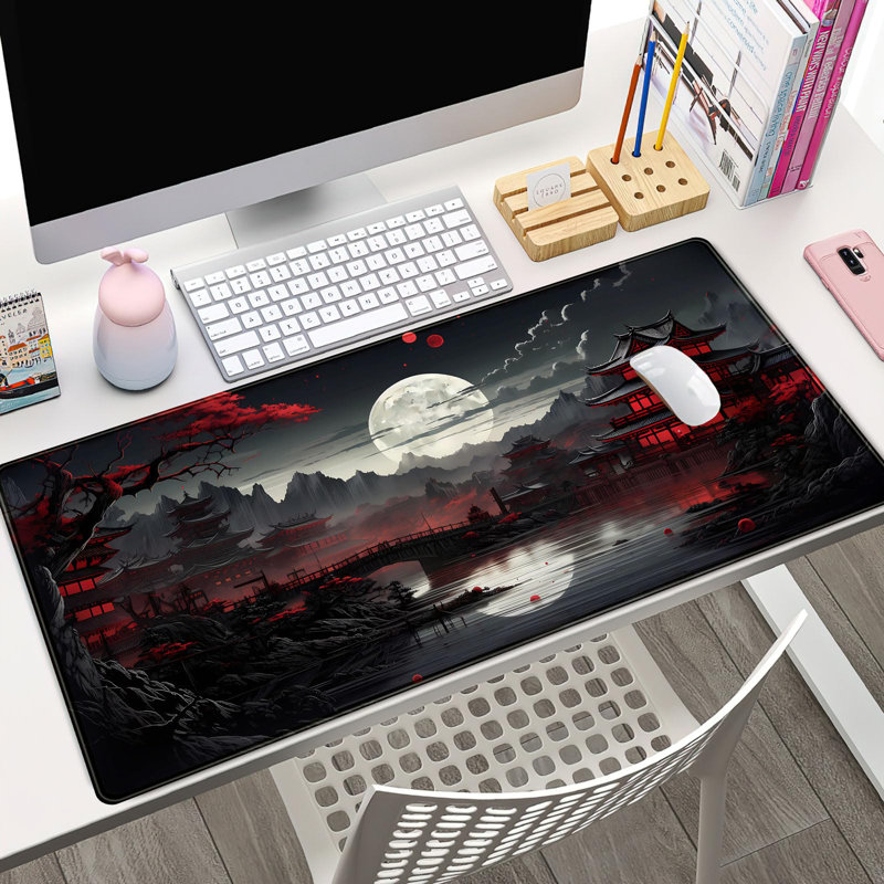 Desk Mat Riverside Full Moon Desk Pad Black Red Large Mouse Pad Gaming Mousepad Extended XXL Keyboard Pad 31.5 X 15.7 In Laptop Computer Mouse Keyboard Mat For Office Desk Decor