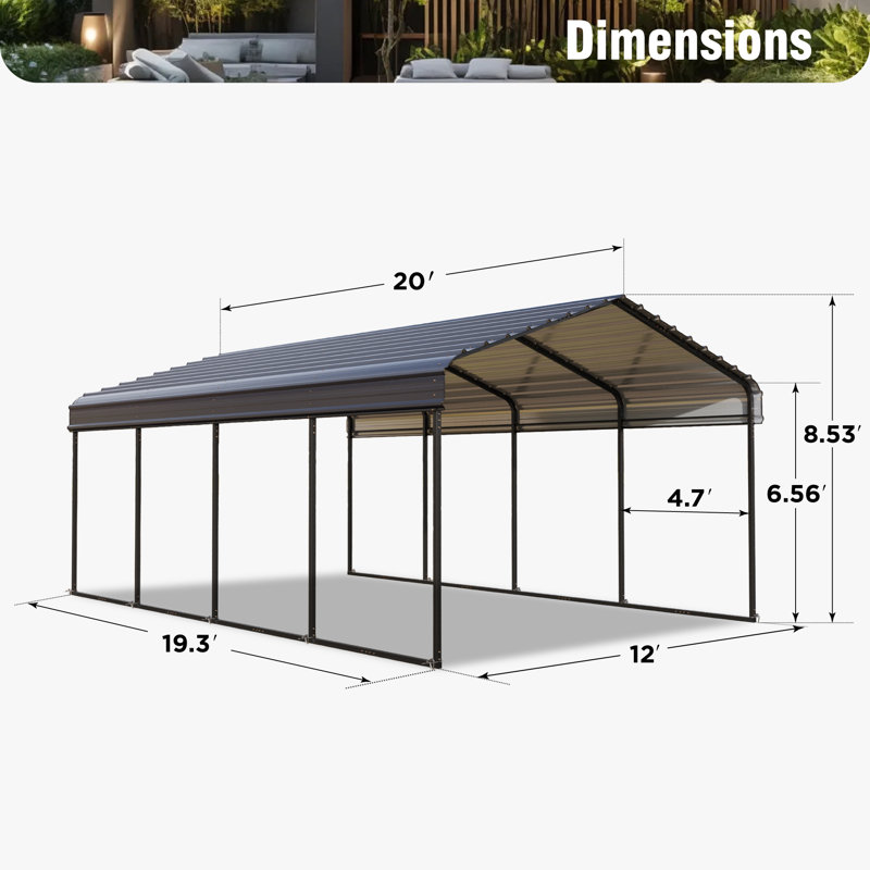 12 X 20ft Galvanized Steel Carport Heavy Duty - All-Weather Shelter for Cars, Trucks, RV, Snow & UV Protection