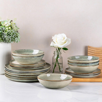Ceramic tableware set, handmade reactive glazed stone dish and bowl set, highly scratch resistant | dishwasher and microwave safe, 6-person service (18 piece set)
