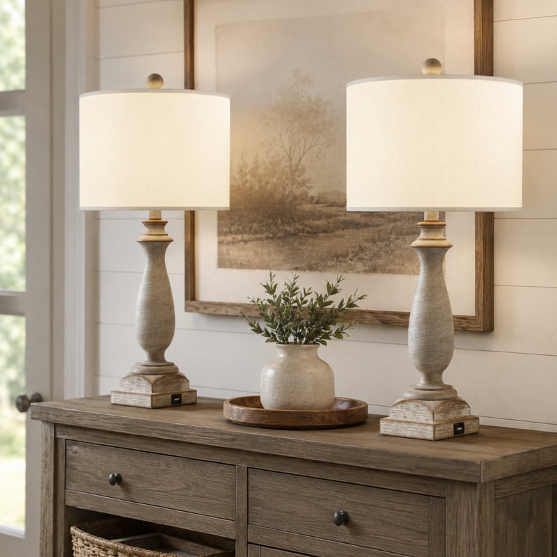 Masonboro 26.5 in. Antique Brown Vintage Dimmable Resin For Bedroom/Living Room Bedside Desk Nightstand Table Lamps With Linen Empire Shade And USB Port