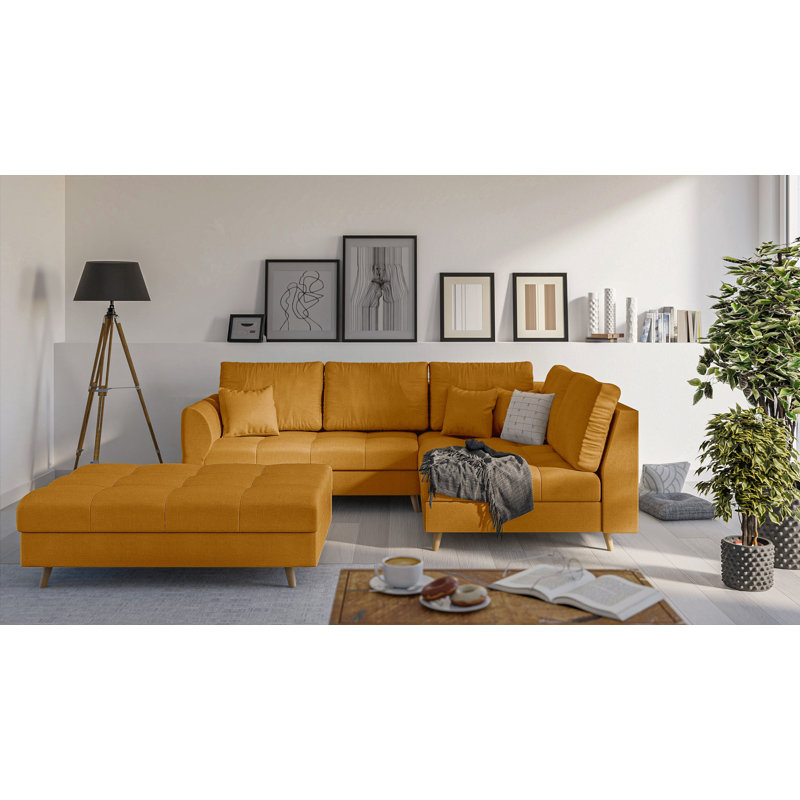 Corner Sofa And Footstool with Wooden Legs In Scandinavian Style Knutsford, Yellow, Right Hand Facing