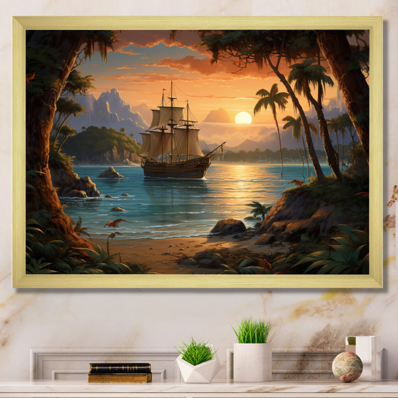 Pirate Boat Lost Isles - Pirate, reproduction d'art sur toile encadrée, H 16 po x l 32 po x P 1 po, Cadre doré simple