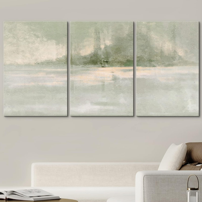 Minimaliste vert pastel grunge paysage formes abstraites moderne Art Decor Chic, H 24 po x l 48 po, Toile tendue, Sans cadre