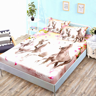 Spring Petals Horse Fitted Sheet Set - Full Size Pink Floral Bedding with Running Horses Pattern - Soft Decorative Fabric - All-Round Elastic Pocket