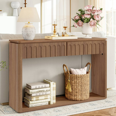 Aust 47" Farmhouse Console Table with Arched Carved Front Drawers, 2-Tier Wooden Sofa Table for Living Room, Hallway, Entryway