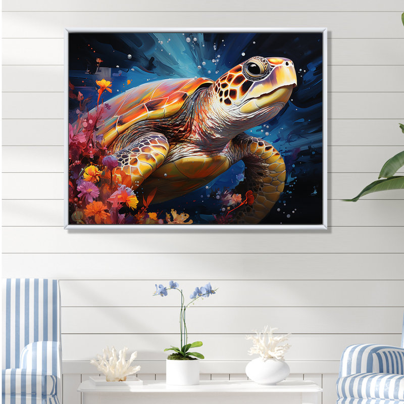 Tortue sereine sous l'eau, Cadre flottant blanc, 24" H x 32" W