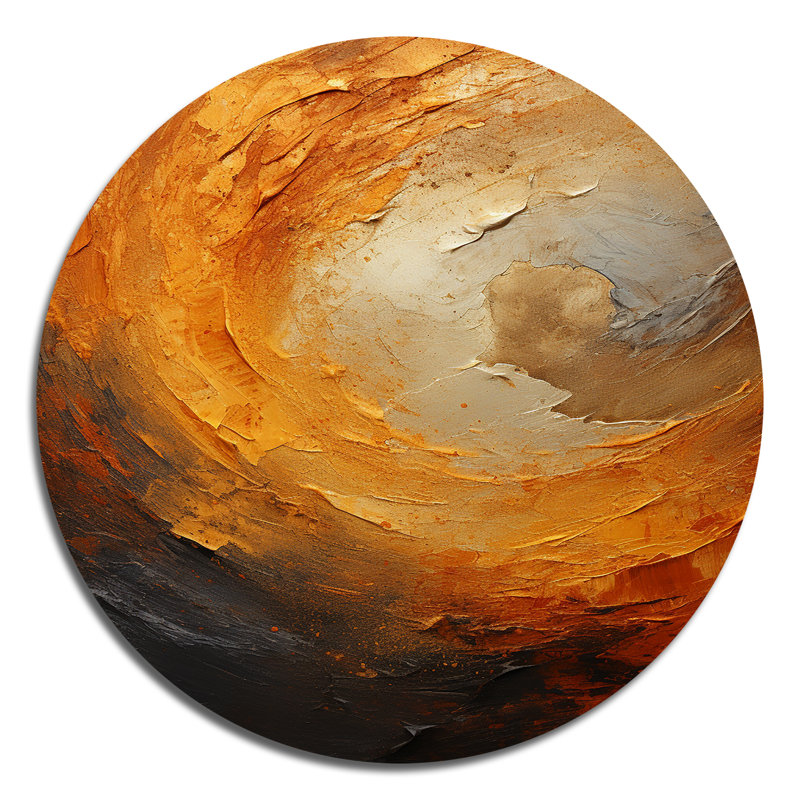 Or, orange, désert, mirage en spirale I - Art abstrait rond en métal, H 36 po x l 36 po
