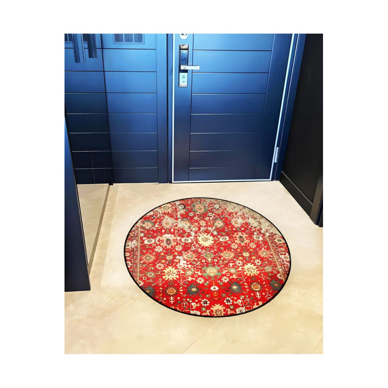 Red Themed Ethnic Motif Traditional Patterned Round Woven Base Vintage Decorative Carpet, Round 2'8"