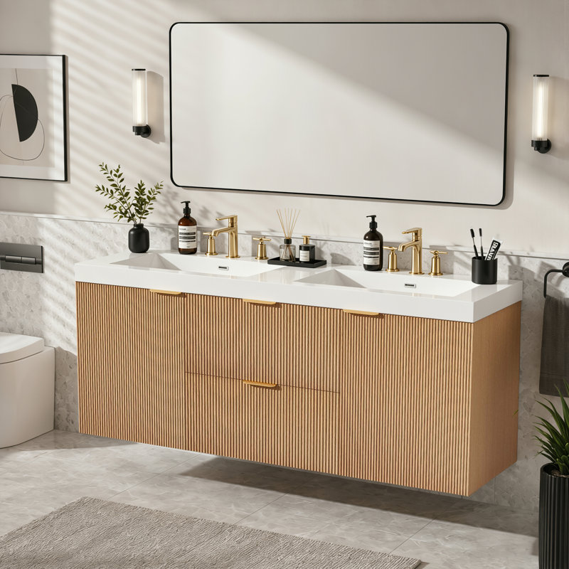 59.3 Inch Double Sink Bathroom Vanity with SMC Resin Top and Painted MDF Cabinet, Wall-Mounted Modern Storage Vanity with Soft Close Doors and Divided Drawers