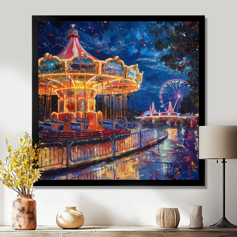 Jaune, bleu, parcs d'attractions Neon Nights - Amusement Parks Wall Art Living Room, Cadre simple noir