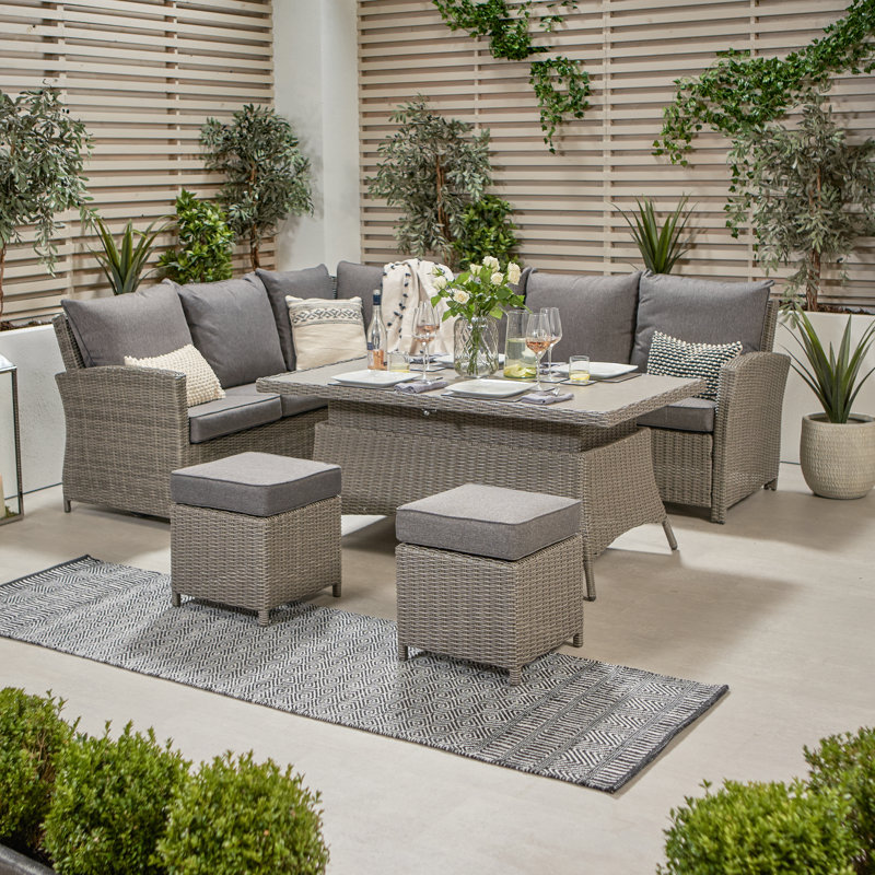 Outdoor Barbados Half Weave L-shape Corner Seating Set with Ceramic Table Top and Cushions, Right