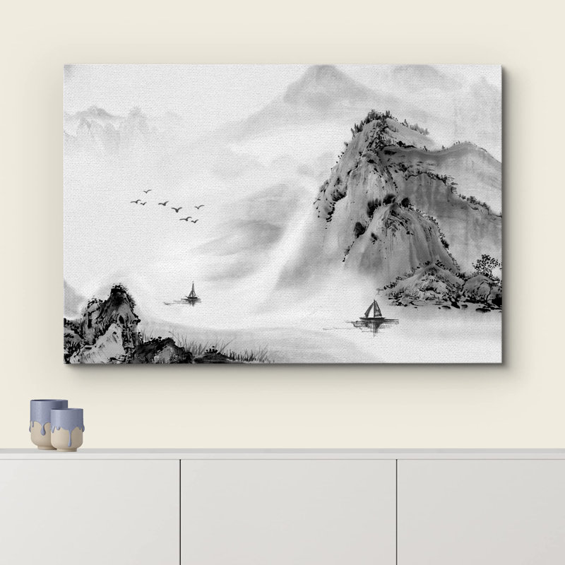 Paysage abstrait, noir et blanc, encre de Chine, paysage de montagne, rivière et bateau, paysage moderne, rustique, neutre