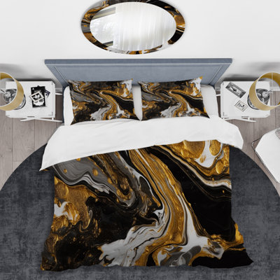 Gold Black Marbled Dreamscape II - Abstract Geometric Duvet Cover Set - Microfiber Polyester