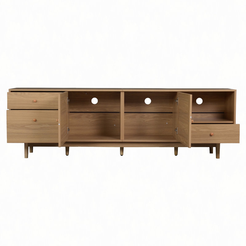 Meuble télé Boho pour meuble télé 65, 75, 85 po, meuble télé avec rangement ouvert et tiroirs