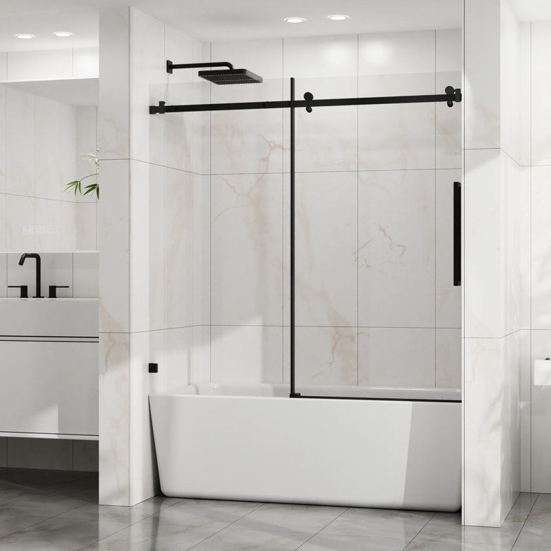 60" W X 58" H Modern Tub Sliding Shower Door, 6Mm Tempered Glass With - Proof Coating, Adjustable Width, Corrosion Hardware, Smooth Quiet Sliding, Matte Black Bathtub 1/4"  6Mm  Thick Clear Glass,