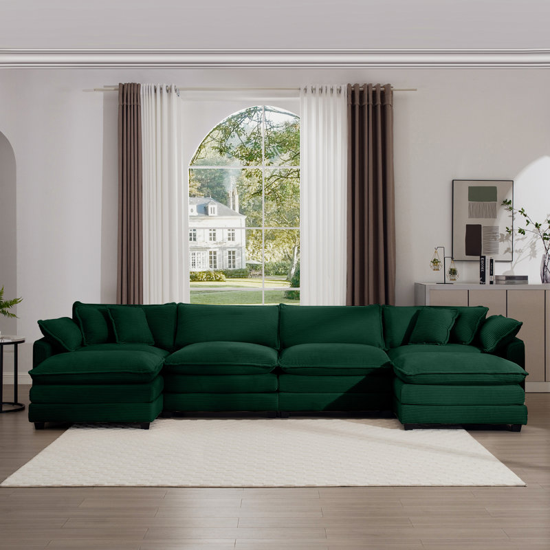 Canapé modulaire en velours côtelé avec 2 repose-pieds et coussins Araromi, Velours côtelé vert