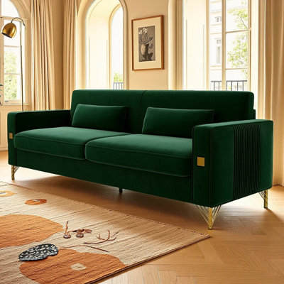 Luxury Emerald Green Velvet Sofa With Gold Accents - Modern 3-Seat Couch With Plush Cushions, Perfect For Living Room And Office Decor