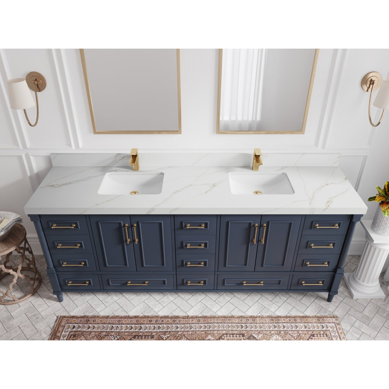 84 po X P 22 po Meuble-lavabo à double cuve D Quartz Calacatta Sienna, Sienne Calacatta, Bleu, Nickel brossé