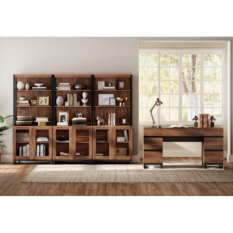 WAMPAT Home Office Set: 59" Modern Desk With Charging Station And Storage Cabinet,Three 72" Tall Bookcases With Adjustable Shelves, Wood Computer Desk And Library Storage Cabinet For Work Study