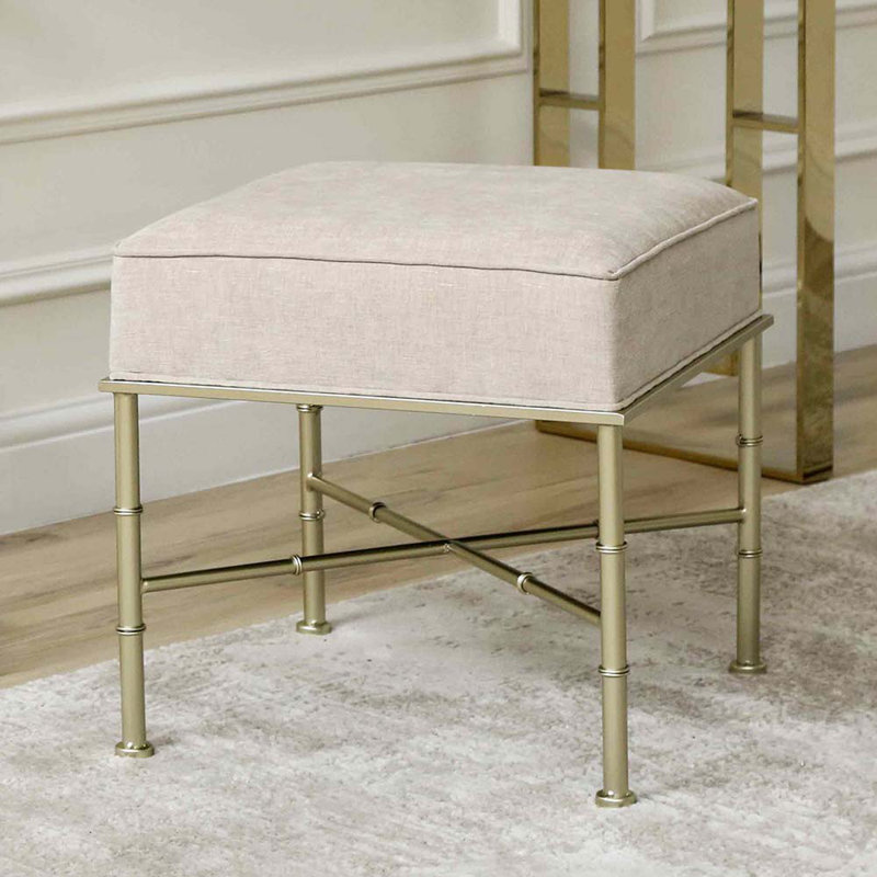 Bieser Iron Dressing Table Stool for Bedroom Furniture, Modern Living Room Linen Ottoman Accent Stool, Cream