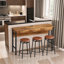Ensemble de table de salle à manger rectangulaire de 60 pouces à 3 tiroirs avec 3 tabourets en polyuréthane et prises de courant intégrées, mobilier de bar brun aux tons de bois