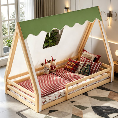 Lit de maison, lit d'enfant avec garde-corps pleine longueur, tente et éclairage à DEL, lit d'enfant de style maisonnette, lit de plancher en bois massif pour chambre d'enfant et salle de jeux