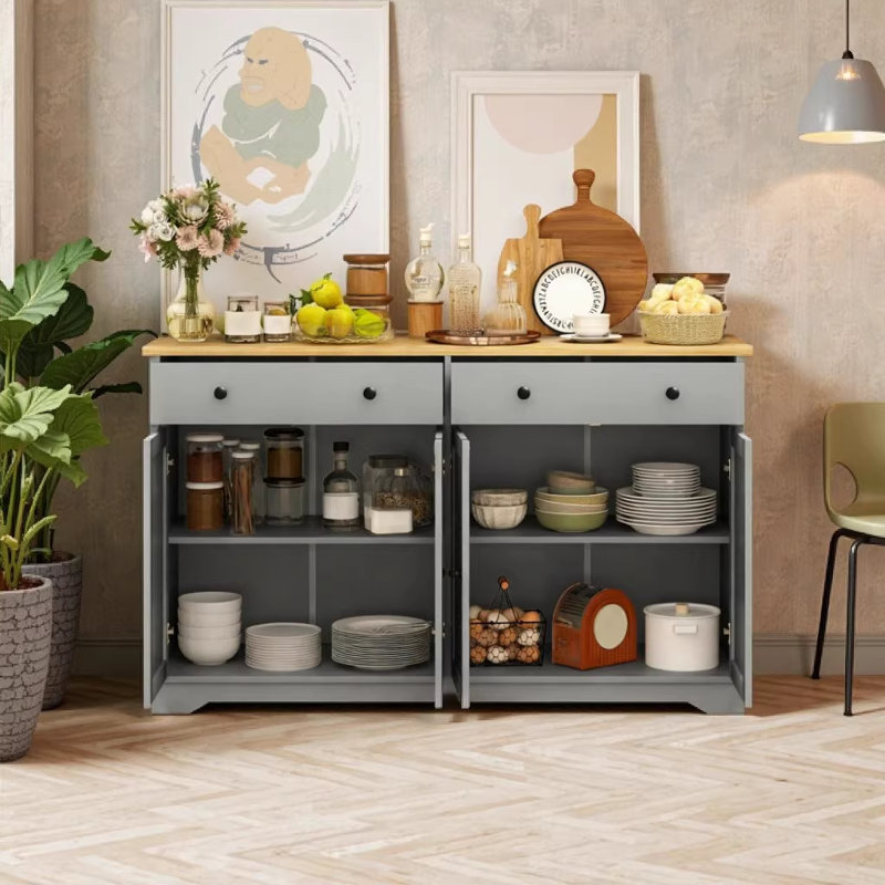 55.1" Nordic Style Buffet Cabinet with Storage Drawers, Adjustable Shelves, Grey and Oak Sideboard for Living Room, Kitchen, Entryway