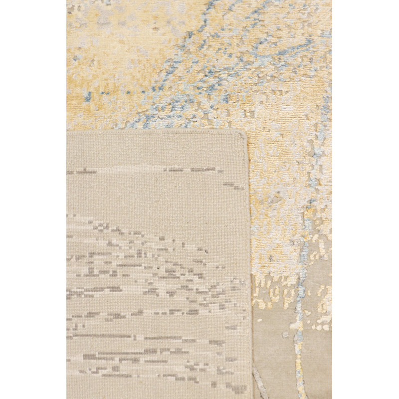 Tapis rectangulaire en laine / soie noué à la main brun / bleu / jaune, Rectangle 10 pi 2 po x 14 pi 2 po